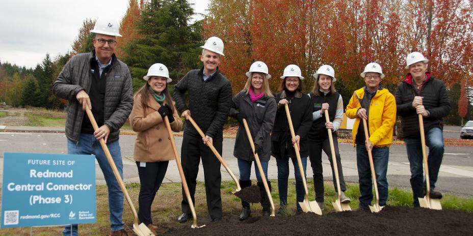 Photo of Redmond city officials, Josh Brown and others at Redmond Central Connector trail phase 3 groundbreaking