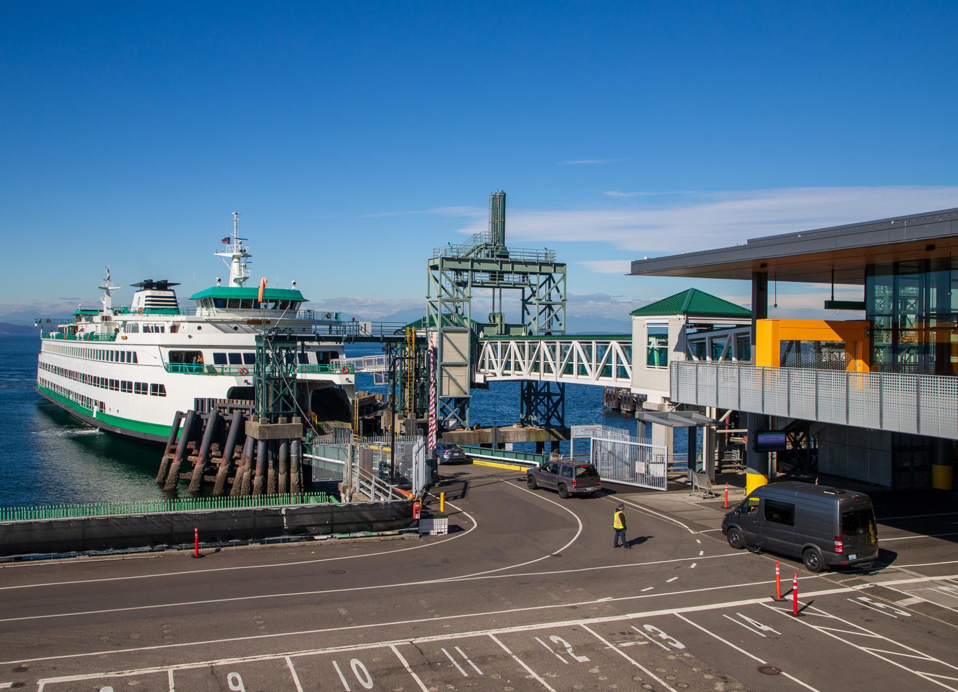 A Washington State Ferry ports at Colman Dock in Seattle.